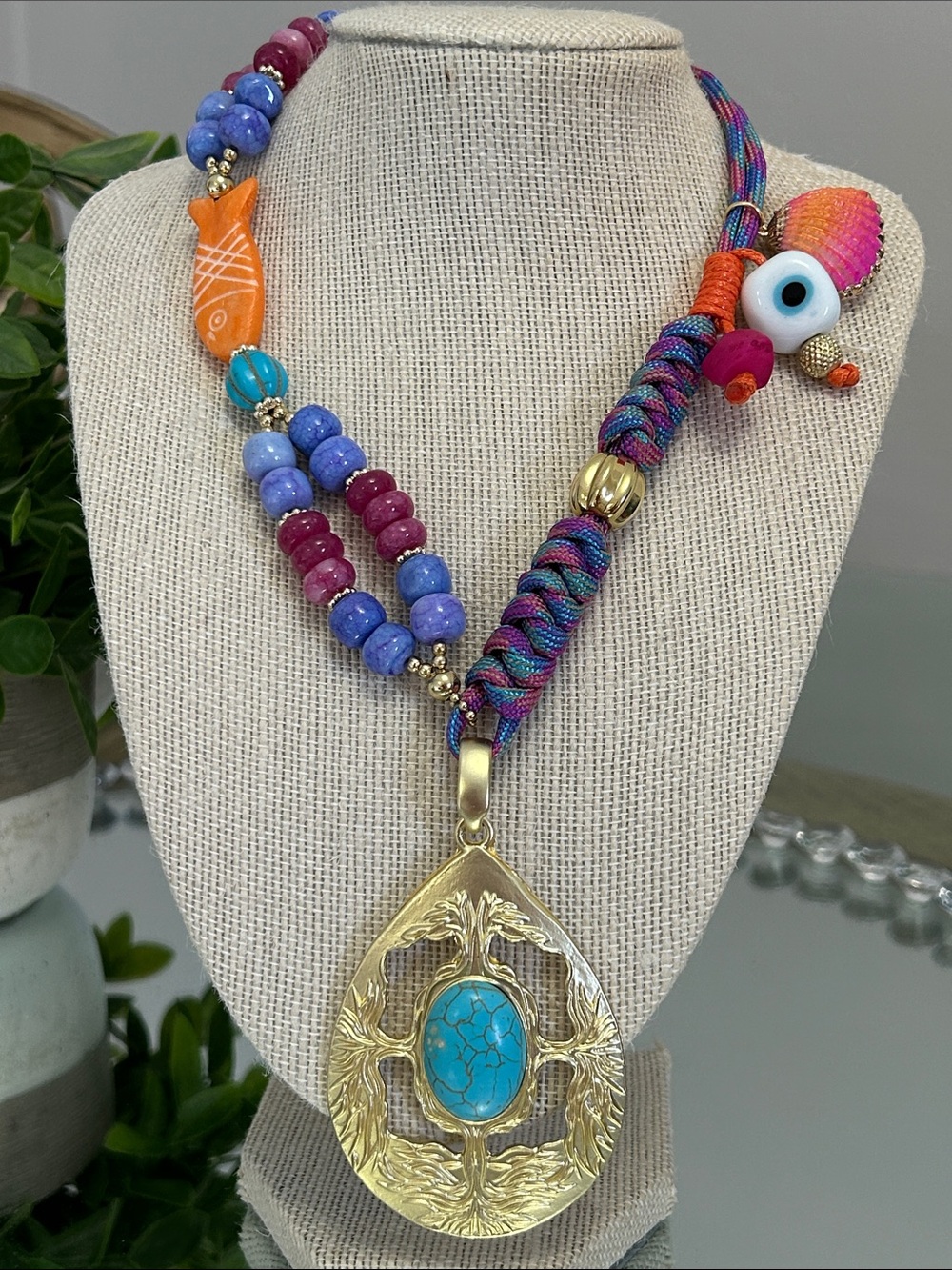 Boho Multicolor Beaded Necklace with Turquoise Pendant